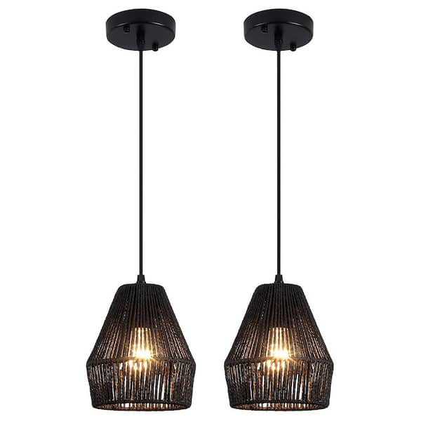 Mini 1-Light Black Finish Boho Hand-woven Natural Rattan Pendant with Black Geometric Shade for Living Room (Set of 2)