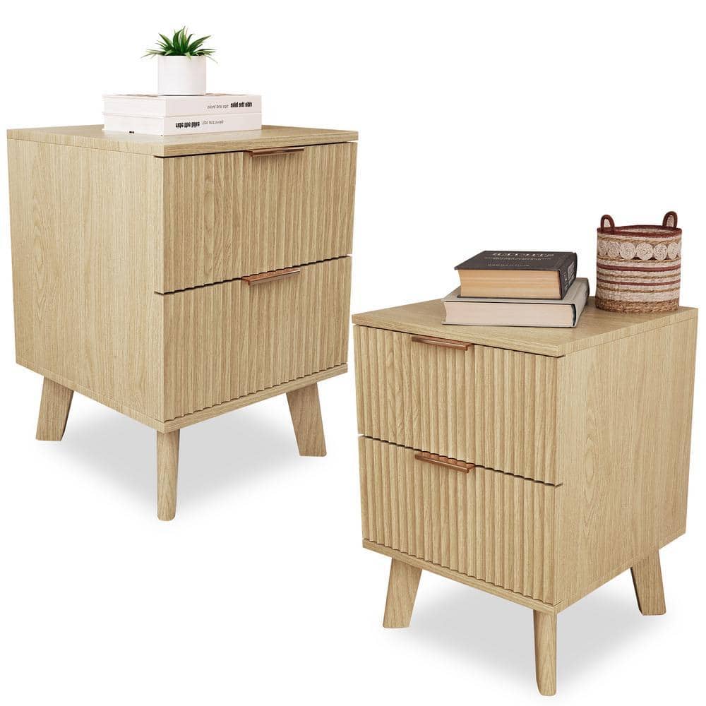Natural Wooden 2-Drawer Waveform Nightstand /Bedside Table (15. 74 in. W x 15. 74 in. D x 21. 65 in. H)