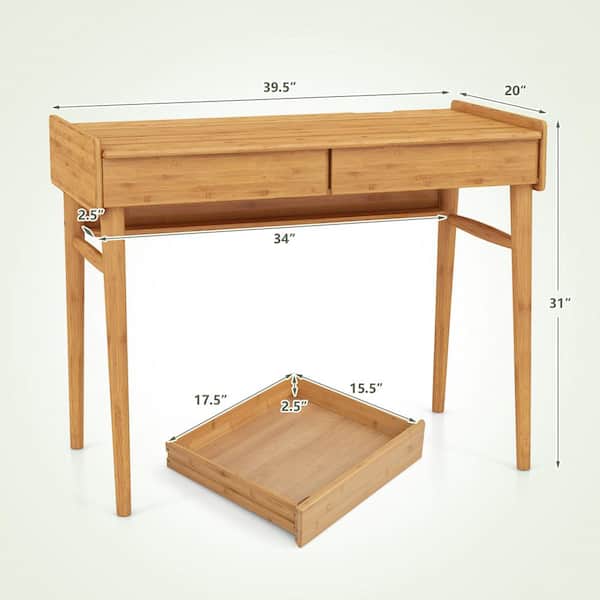 Costway 39.5 in. Rectangle Natural Bamboo 2-Drawer Desk with Open
