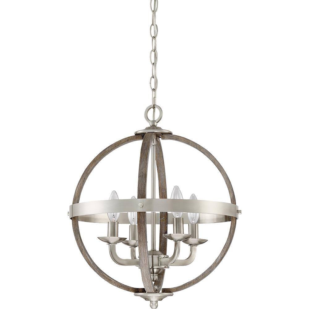 Brushed Nickel Cage 4-Light Chandelier with Faux Wood Accents