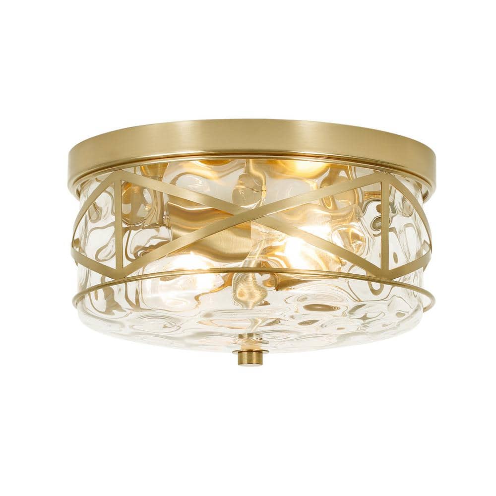 Gold 9.8" Flush Mount Ceiling Light with Hammered Glass Shade