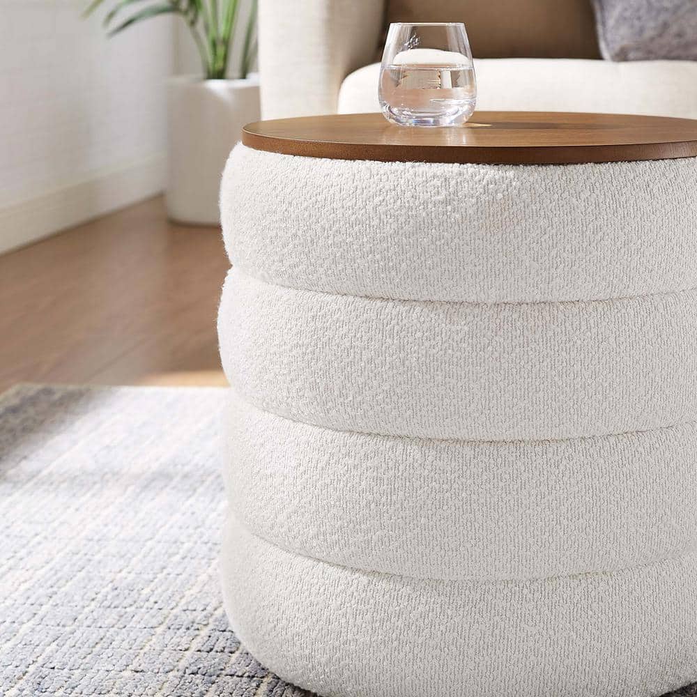 Cloud Boucle Fabric Round Storage Ottoman with Wood Grain Veneer Lid