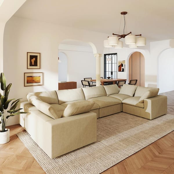 Minimalist 157 in. Square Arm Down Filled Linen 6-Piece Cloud Modular Sectional Sofa Couch in Khaki with Removable Cover