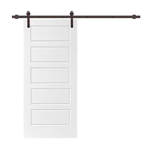 CALHOME 30 in. x 80 in. White Stained Composite MDF 5 Panel Interior Sliding Barn Door with Hardware Kit