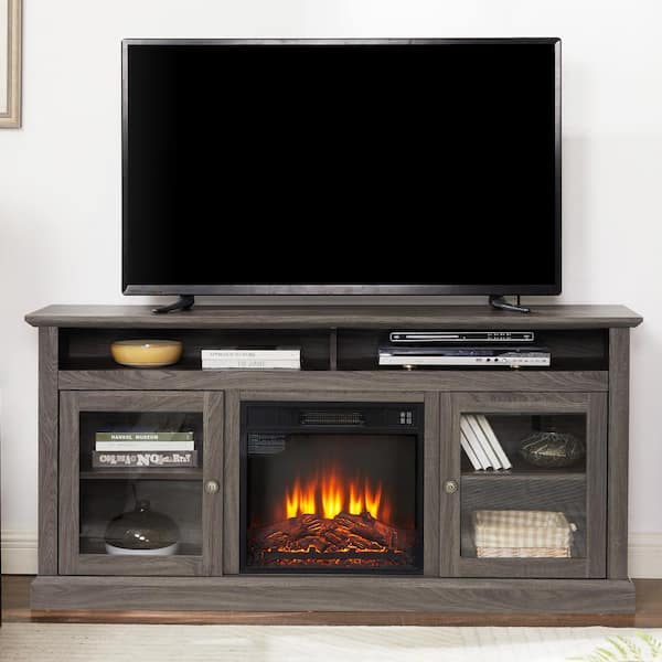 ToolCat 60 in. Wooden Freestanding TV Stand Entertainment Console with 18 in. Fireplace Insert for TV Up to 65 in. Dark Walnut