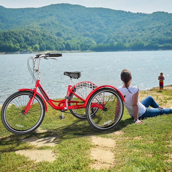BOZTIY 24 In. 3-Wheel 7-Speed Adult Tricycles 3-Wheel Bike Cruiser Trike For Men/Women/Seniors, Red P24-RDHD001 - The Home Depot