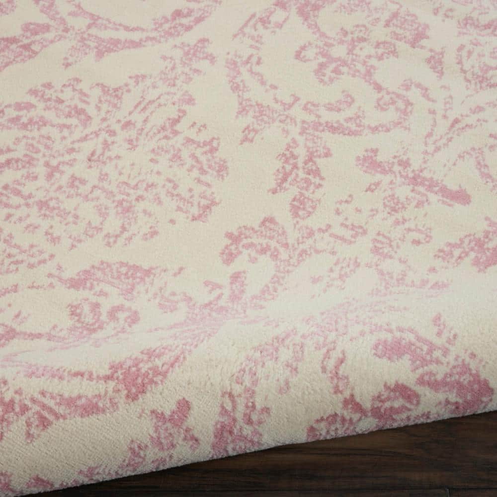Ivory and Pink Synthetic Damask 7' x 10' Area Rug
