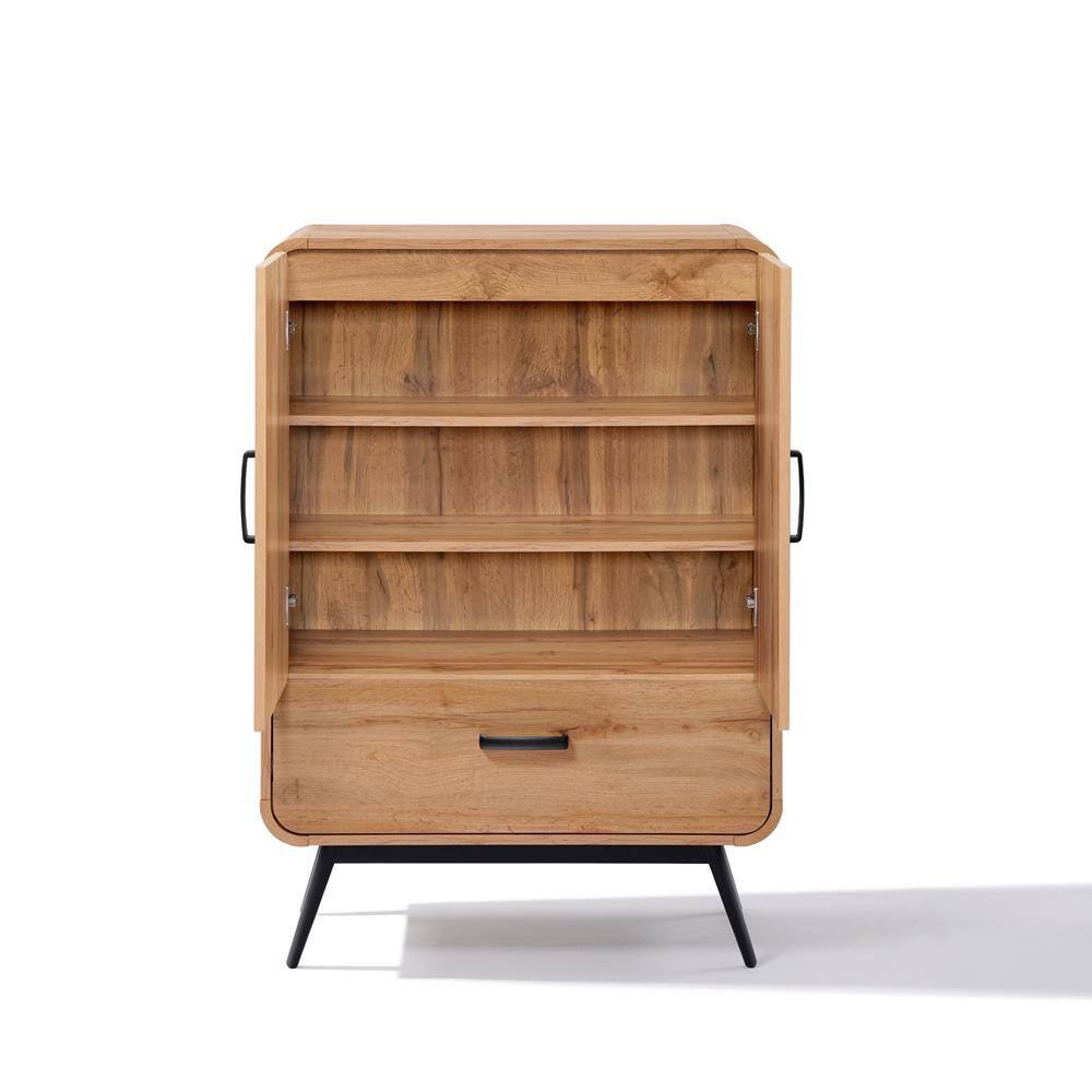 Walnut Oak 45.2" 2-Door 1-Drawer Sideboard Cabinet with Black Metal Legs