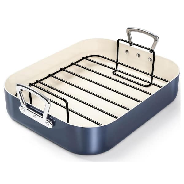 15 qt. Haze Blue Ceramic Aluminum Oven Safe Roasting Pan with Stainless Steel Rack Cookware with Rack