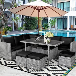 7-Pieces Wicker Patio Conversation Sectional Seating Set with Black Cushions