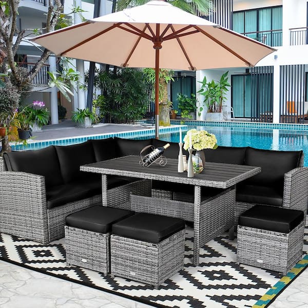 7-Pieces Wicker Patio Conversation Sectional Seating Set with Black Cushions