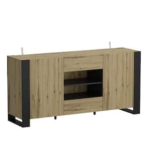 Black and Wooden 64.6 in. W Tall Sideboard, Storage Cabinet with 6 Shelves, 2-Drawers and Black Wooden Legs