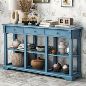 58 in. Navy Rectangle Wooden Console Table with 3 Drawers and 2 Open Shelves