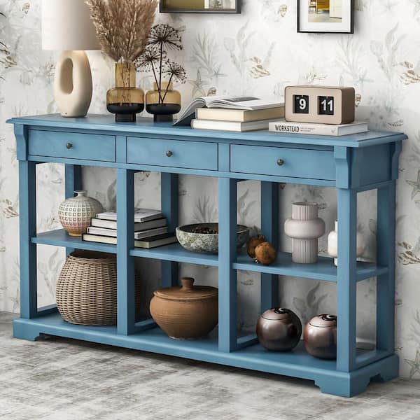 Harper & Bright Designs 58 in. Navy Rectangle Wooden Console Table with 3 Drawers and 2 Open Shelves