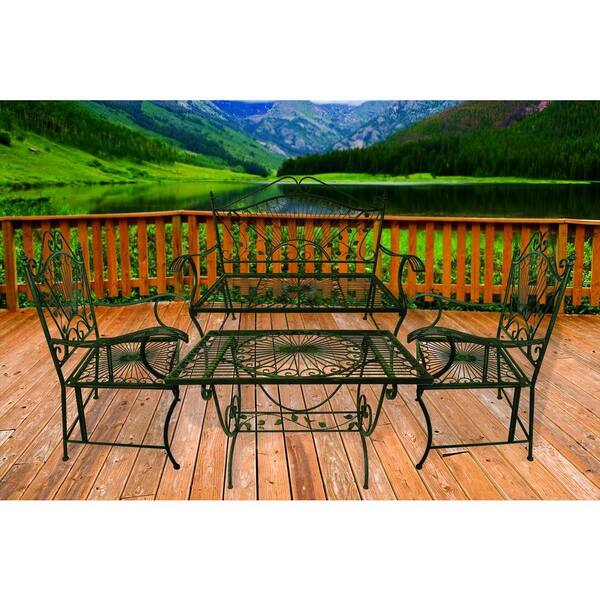 4 Seasons Global Bronze 4-Piece Metal-Iron Patio Table-Chair and Bench Victorian Chat Set