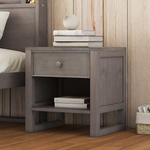 1-Drawer Anitque Gray Wooden Nightstand with Open Storage (20.5 in. H x 20 in. W x 17 in. D)