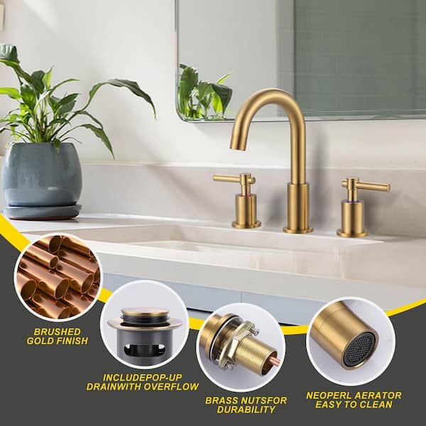 8 in. Widespread 2-Handle 3 Hole Bathroom Faucet with Pop Up Drain t in Brushed Gold