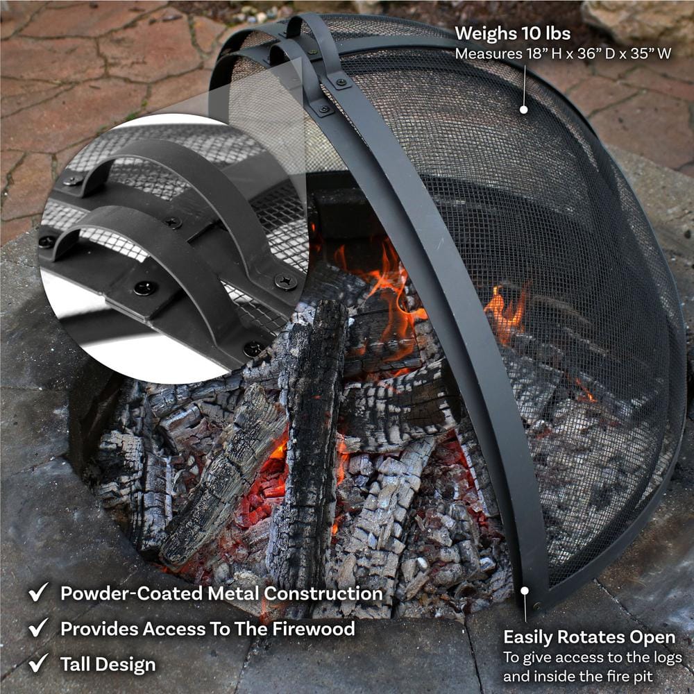 36" Black Steel Mesh Fire Pit Spark Screen with Hinged Door