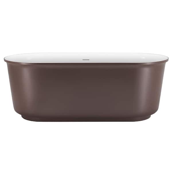 MYCASS 59 in. x 27.56 in. Solid Surface Stone Freestanding Soaking Bathtub with Center Drain in 37 Shades of Grey