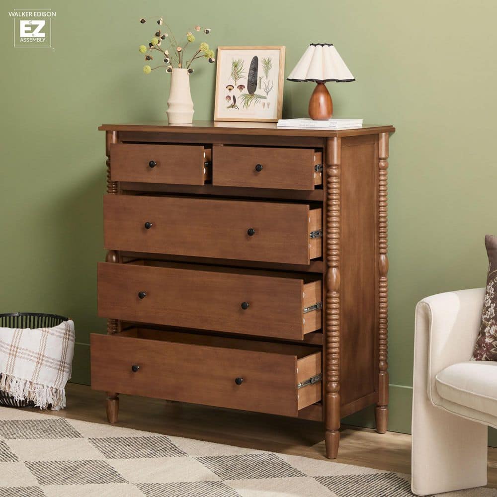 Walker Edison Furniture Company Modern Farmhouse Easy Assembly Dark Brown 5-Drawer 41.5 in. Solid Wood Spindle-Detailing Dresser