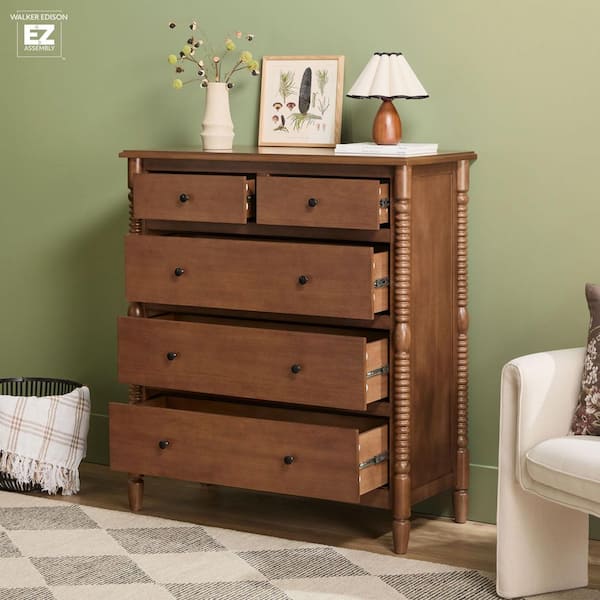 Modern Farmhouse Easy Assembly Dark Brown 5-Drawer 41.5 in. Solid Wood Spindle-Detailing Dresser