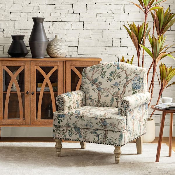 Romain Farmhouse Bird Polyester Arm Chair with Solid Wooden Legs