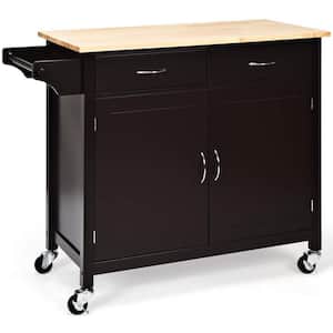Brown Wooden Rolling Kitchen Cart with Wood Counter Top