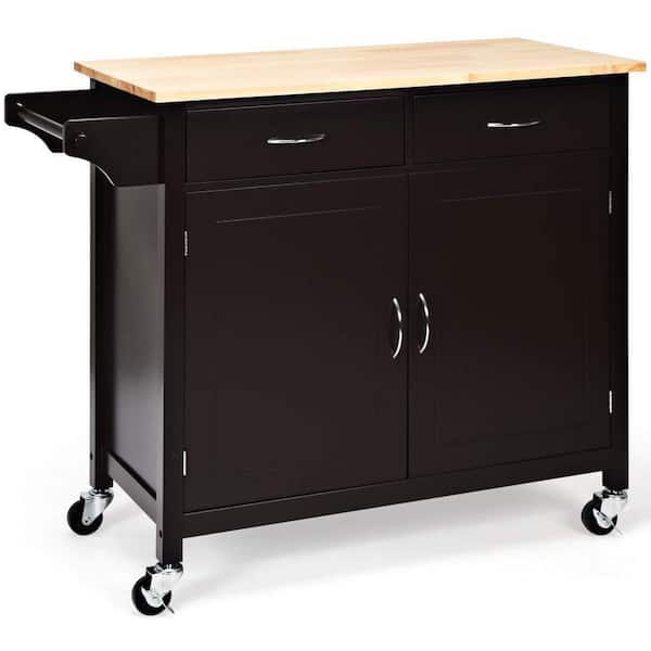 Bunpeony Brown Wooden Rolling Kitchen Cart with Wood Counter Top