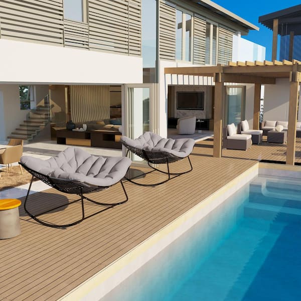 Cesicia Metal Outdoor Rocking Chair Dark Gray Frame with Light Gray Cushion Water-Resistant For Backyard, Patio, Poolside
