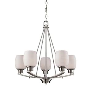 Casual Mission 5-Light Brushed Nickel Chandelier With White Lined Glass Shades