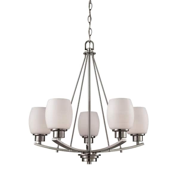 Thomas Lighting Casual Mission 5-Light Brushed Nickel Chandelier With White Lined Glass Shades
