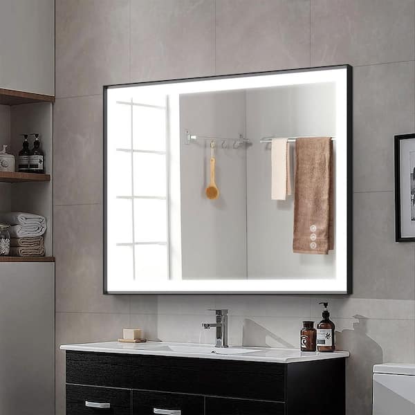 40 in.W x 32 in.H Rectangular Black Aluminum Framed Anti Fog LED Lighted Modern Wall Bathroom Vanity Mirror in Tempered