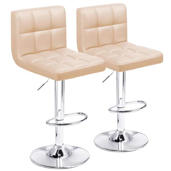 LACOO 33 in. - 44 in. Height Khaki Low Back Metal Adjustable Bar Stool with PU Leather-Seat 360° Swivel (Set of 2)