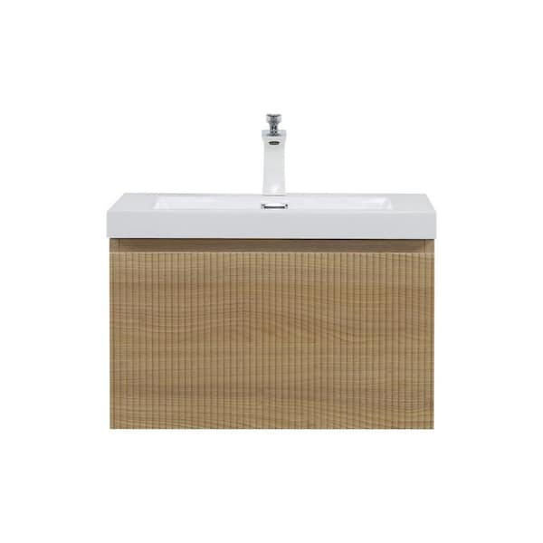 24 in. Wall-Mounted Bath Vanity Modern Floating Bathroom Vanity in Natural Oak with Glossy White Stone Resin Top