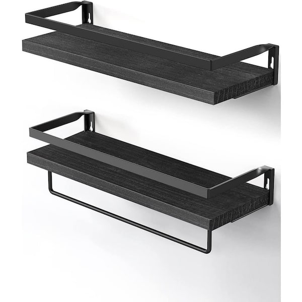 Tileon 16.5 in. W x 5.91 in. D x 3.19 in. H Black Paulownia Wood Wall Mount Bathroom Shelf Set of 2