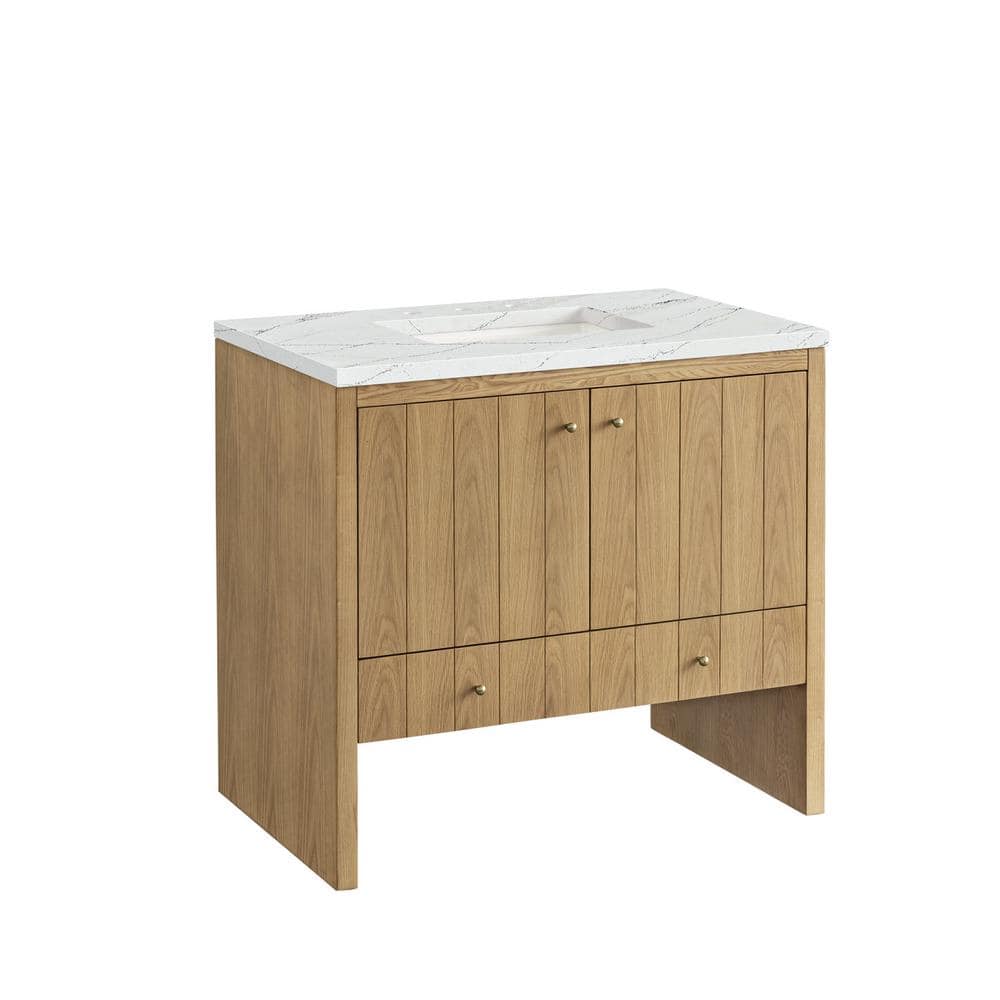 Hudson 36" Light Natural Oak Single Vanity Base with Brass Knobs