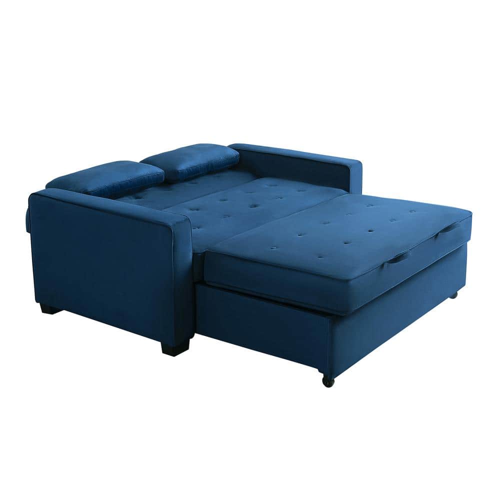 Navy Blue Tufted Queen Size Convertible Sofa with Wood Frame