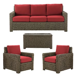 Laguna Point 4-Piece Brown Wicker Outdoor Patio Deep Seating Set with CushionGuard Chili Red Cushions