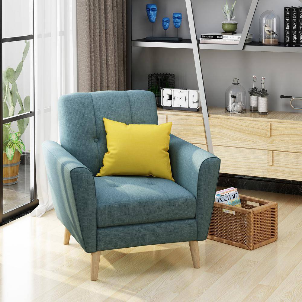 Mid-Century Blue Fabric Club Chair with Rubberwood Legs
