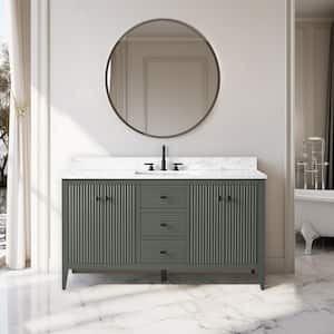 60 in. W x 22 in D x 38 in. H Single Sink Bath Vanity Cabinet in Linear Vintage Green with White Engineered Marble Top