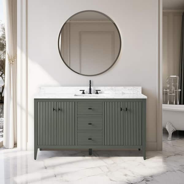 Vanity Art 60 in. W x 22 in D x 38 in. H Single Sink Bath Vanity Cabinet in Linear Vintage Green with White Engineered Marble Top