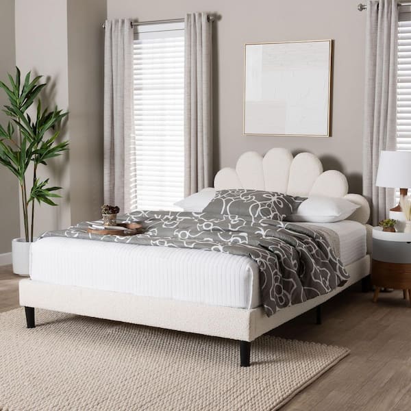 Albion Cream White Fabric Upholstered Frame Queen Platform Bed