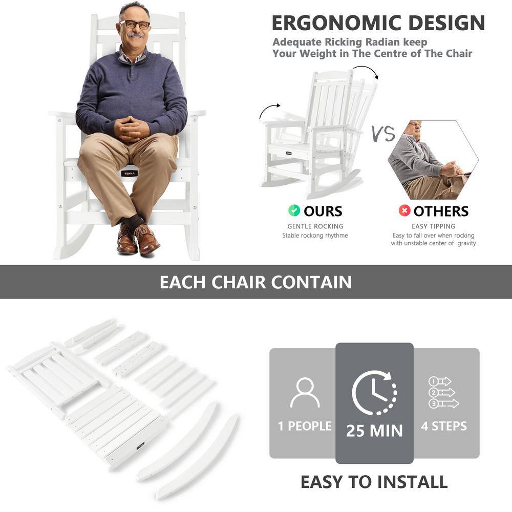 White HDPE Plastic Weather Resistant Outdoor Rocking Chair Set