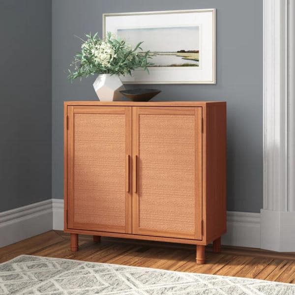 Delancey Boho-Modern Light Brown Rattan 2-Door Storage Cabinet