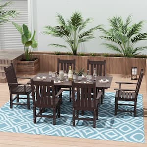 Hayes 7-Piece HDPE Plastic All Weather Outdoor Patio Trestle Table Dining Set with Armchairs in Dark Brown