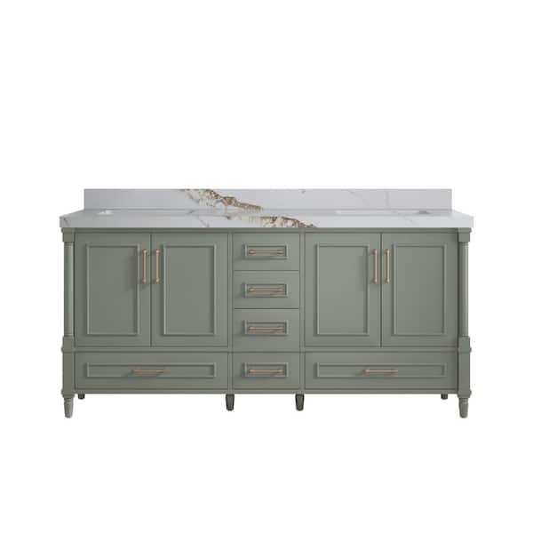 Willow Collections Hudson 72 in. W x 22 in. D x 36 in. H Double Sink Bath Vanity in Evergreen with 2 in. Calacatta Gold Quartz Top