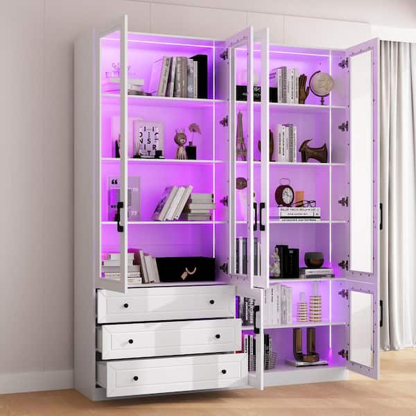 White Paint Finish Wood Storage Cabinet with Tempered Glass Doors, LED Lights, Drawers, Adjustable Shelves