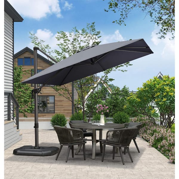 PURPLE LEAF 9 ft. Square Aluminum Outdoor Patio Cantilever Umbrella Offset 360° Rotation Umbrella with Base, Gray