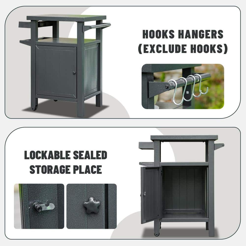 Dark Gray Metal Grill Cart with Storage and Wheels