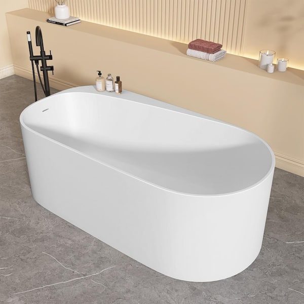 Zeo 63 in. x32 in. Solid Surface Stone Resin Freestanding Soaking Bathtub with Side Drain & Storage Space in Matte White